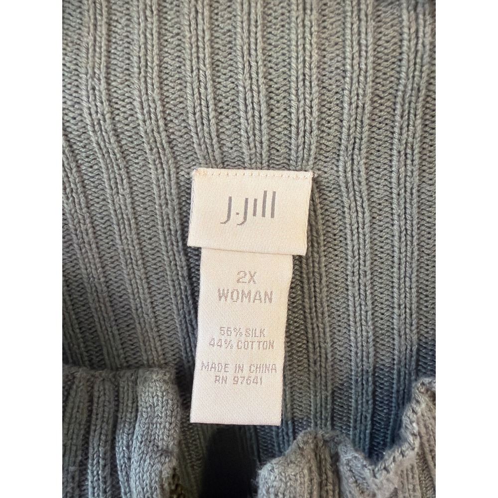 J.Jill Full Zip Cardigan Women 2X Sage Green Silk Cotton Ribbed Mock Sweater - Picture 2 of 6